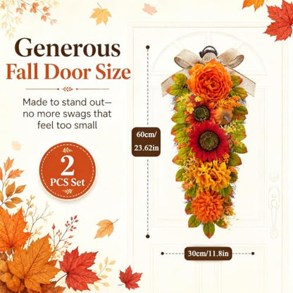Fall Swags for Front Door - 23.6 Inch Autumn Wreath Set Orange Yellow - 2 Pieces