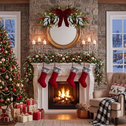 Christmas Swag Decorations with Lights, Red Bow and Pine - 4 Pack Variation of Red Pine