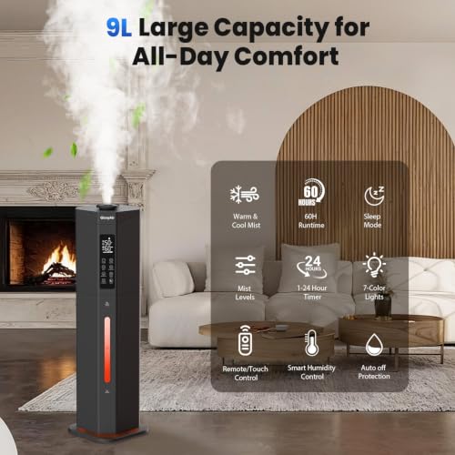 Large Room Humidifier 2.38Gal/9L Cool & Warm Mist - Black