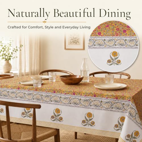 Pink Yellow Floral Rectangle Cotton Tablecloth 72x120 Inch Hand Block Printed Fall & Festive Decor