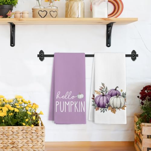 Fall Hello Pumpkin Kitchen Hand Towels Set of 2 - Purple Fall Theme, 16x24 Inches - Fall7 Variation