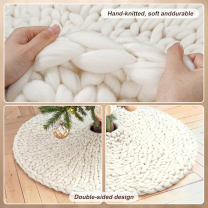 Christmas Tree Skirt Ivory White 48 Inch Chunky Knit Holiday Decor