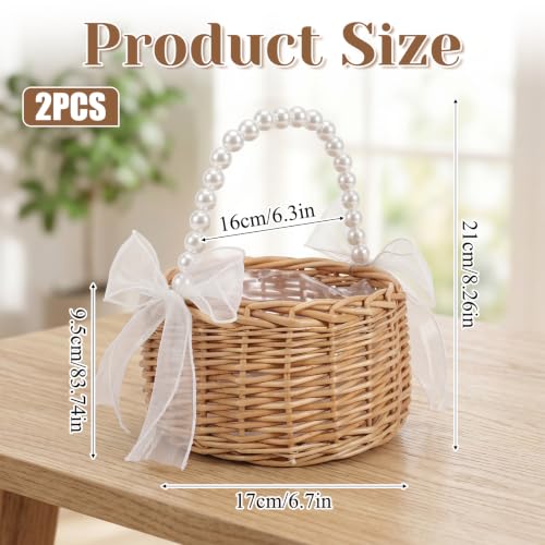 2 Pack Wicker Rattan Flower Girl Baskets with Handle & Linings for Weddings