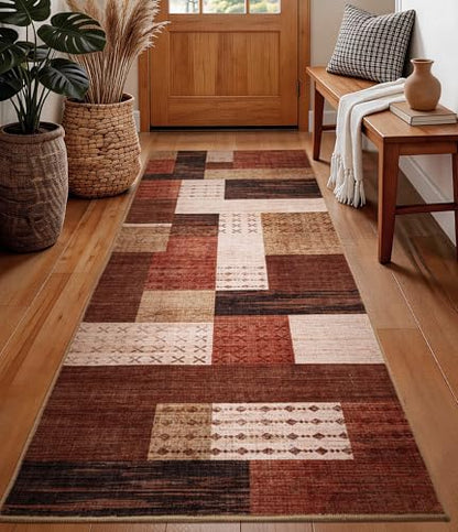 Brown 2x8 Hallway Runner Rug Non Slip Geometric Patchwork Carpet for Entryway