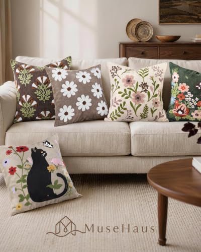 Embroidered Chenille Throw Pillow Cover 18x18 Inch - Green Garden - Pack of 1