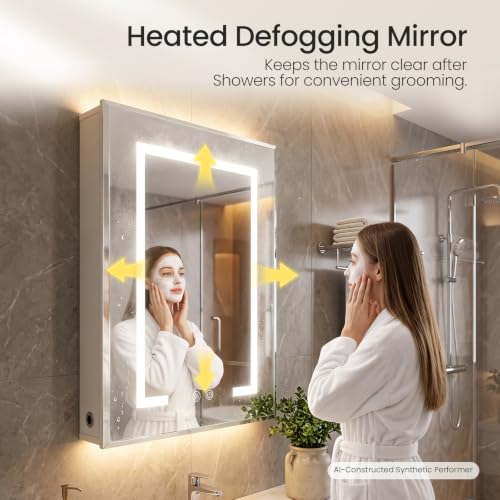 Lighted Bathroom Medicine Cabinet with Mirror and Heating Function, White