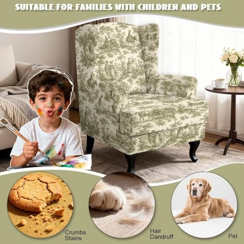 Vintage Toile De Jouy Wingback Chair Cover - Dustproof Slipcover with Elastic Bottom, Pet Safe