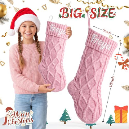 Personalized Christmas Stockings Pink Knit with Embroidered Name & Card - 18in