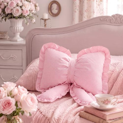 Pink Gingham Bow Pillow Ruffled Plaid Decorative Cushion - Ruffled Variation