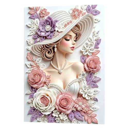 Lady Pearl Painting with 3D Crystal & Pearl Details - Framed Artwork