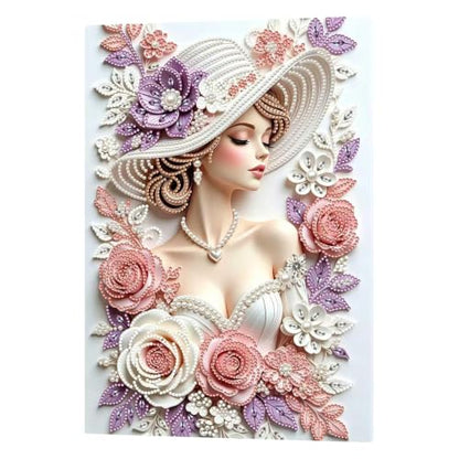Lady Pearl Painting with 3D Crystal & Pearl Details - Framed Artwork