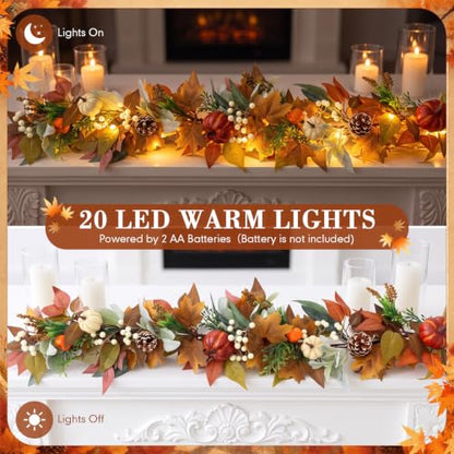 Elegant 6ft Fall Garland for Mantle with Lights - Autumn Decor