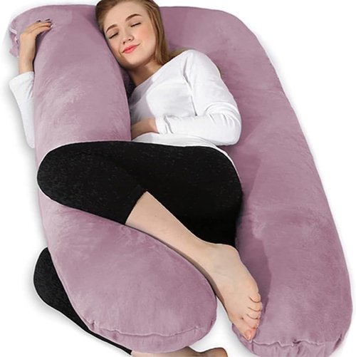 Chilling Home U-Shape Pregnancy Pillow - 55in Velvet Maternity Body Pillow in Pink for Comfortable Sleep