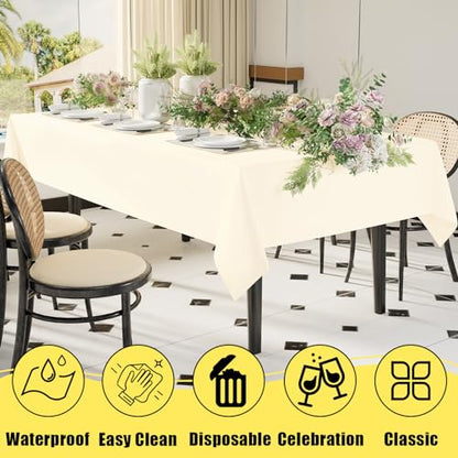 smiry Disposable Table Cloth 6 Pack, 54 x 108 Inch Table Cloths for Parties, Decorative Tablecloths for Rectangle Tables, Waterproof Plastic Table Cover, Leakproof & Sturdy, Beige