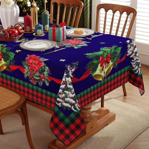 Blue Christmas Tablecloth 60x140 Inch Rectangular Poinsettia Plaid Washable Spillproof