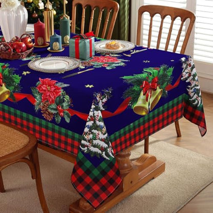Blue Christmas Tablecloth 60x140 Inch Rectangular Poinsettia Plaid Washable Spillproof