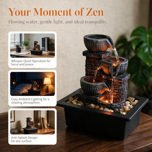 Tabletop Water Fountain with 3 Warm LED Lights, Soothing Water Flow for Relaxation
