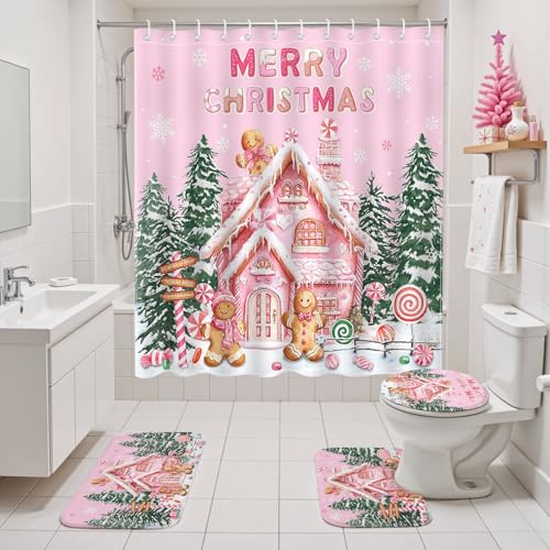 Christmas Shower Curtain Set Pink Gingerbread Holiday Bathroom Decor - 4 Pieces