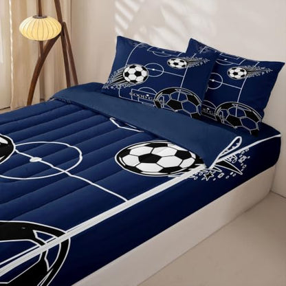 Soccer Comforter Set with Zippered Bed Cover, Fitted Sheet & Pillowcases - Navy Blue, Black & White, Full Size