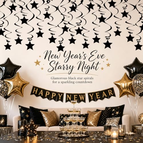 Black Party Streamers Pack - Swirls & Star Toppers for Halloween & Birthday Decorations