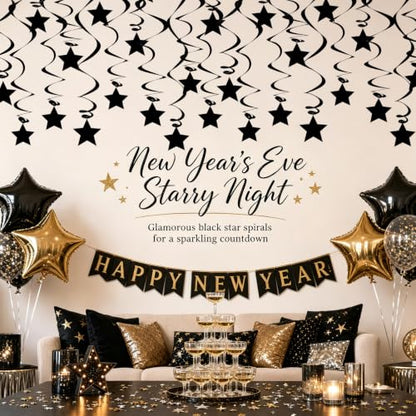 Black Party Streamers Pack - Swirls & Star Toppers for Halloween & Birthday Decorations