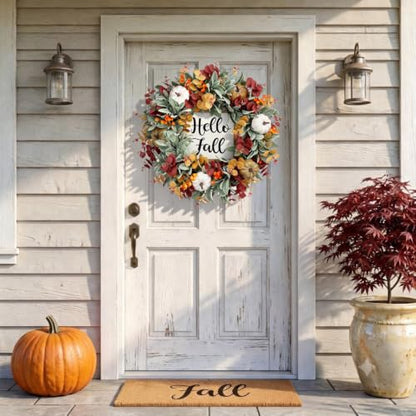 26 Inch Fall Wreath for Front Door with Hello Fall Sign - Rustic Autumn Decor