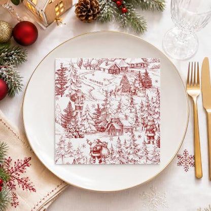 Christmas Santa Disposable Paper Napkins 100 Pack - Red Toile Winter Village Design, 2-Ply Absorbent Holiday Tableware