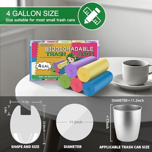 4 Gallon Small Biodegradable Bathroom Trash Bags with Handles - Colorful 100 Pack