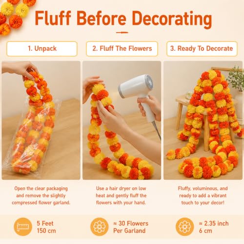 7Pcs Artificial Marigold Garland 5 Feet for Diwali Decor Home & Event