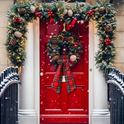 VitalCozy Red Plaid Wreath Sash 2 Pack for Front Door Holiday Decor