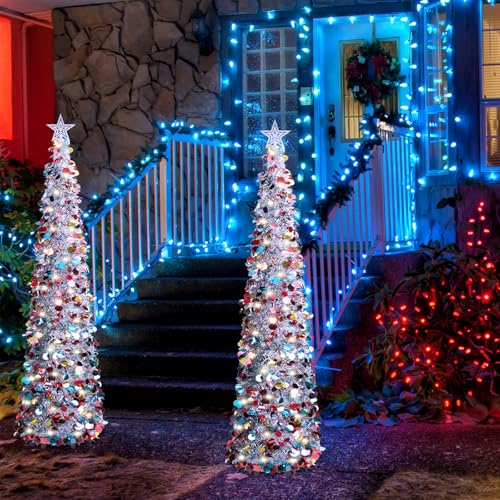 Pop Up Christmas Tinsel Tree with Remote Lights - Collapsible Silver 5FT