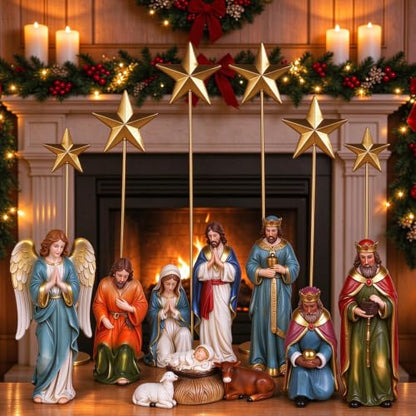 Colorful 14-Piece Nativity Scene Set with Metal Stars - Religious Christmas Decor