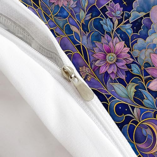 Queen Duvet Cover Set with Sun Moon Floral Mosaic - Celestial Microfiber Bedding