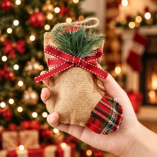 16 Pcs Rustic Burlap and Red Buffalo Plaid Christmas Ornaments Set