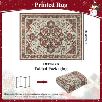 Red Christmas Area Rug 9x12 - Boho Vintage Floral, Non-Slip Backing, Washable
