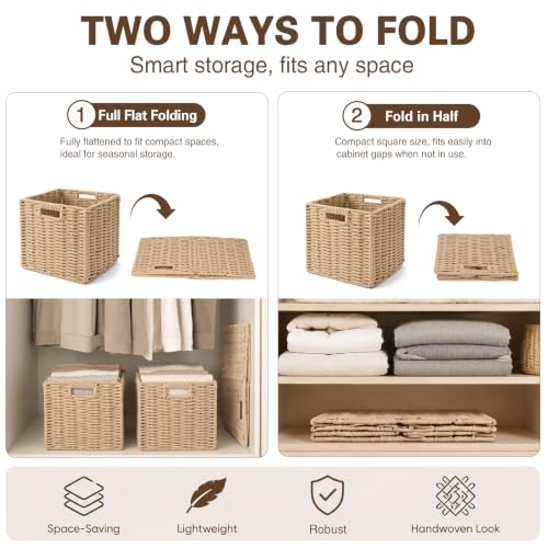 Khaki Cotton Rope Cube Storage Basket 11 Inch Foldable Organizer with Handles