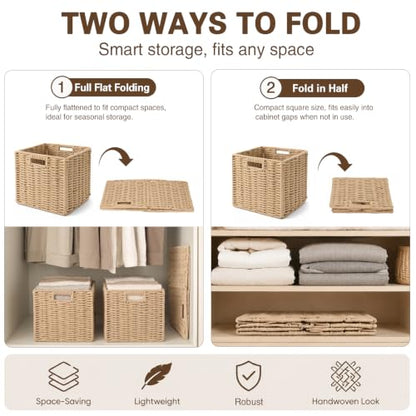 Khaki Cotton Rope Cube Storage Basket 11 Inch Foldable Organizer with Handles