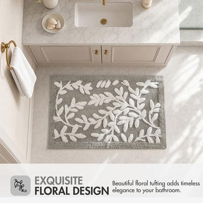 Gray Tufted Cotton Bath Rug 21 x 34 Inch with Leaf Pattern and Non-Slip Backing - Madison Park Serene Collection