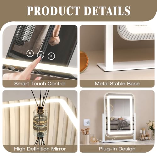 LED Makeup Mirror with Lights - 13 x 16.5 Inch, White, Touch Control