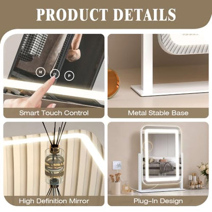 LED Makeup Mirror with Lights - 13 x 16.5 Inch, White, Touch Control