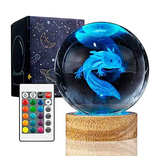 3D Axolotl Crystal Ball Night Light with 16 Color LED Wooden Base, Upgraded 3.15 Inch Axolotl Glass Ball Lamp with Remote Control Cool Desk Decor Gifts for Kids Girls Boys Friends Fans