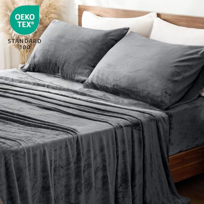 Love's Cabin Flannel Sheets Set Queen Grey 4 Pieces Deep Pocket