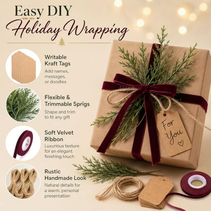 Holiday Gift Packaging Set with Pine Picks Ribbon Tags - Wine Red