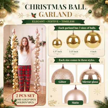 Large Christmas Ball Garland Set - Gold & Champagne Ornaments, 2 Pack, 6 FT Each