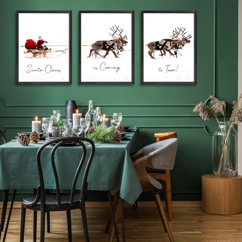 Christmas Wall Art Set of 3 Santa Claus with Sleigh Deer Framed 16x24 Black