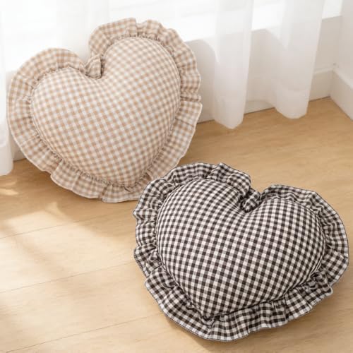 Coffee White Checkered Heart Pillow with Ruffle - Gingham Love Cushion for Sofa Bed Decor