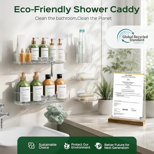 HAMITOR 5 Pack Clear Adhesive Shower Caddies, Bathroom Wall Organizer