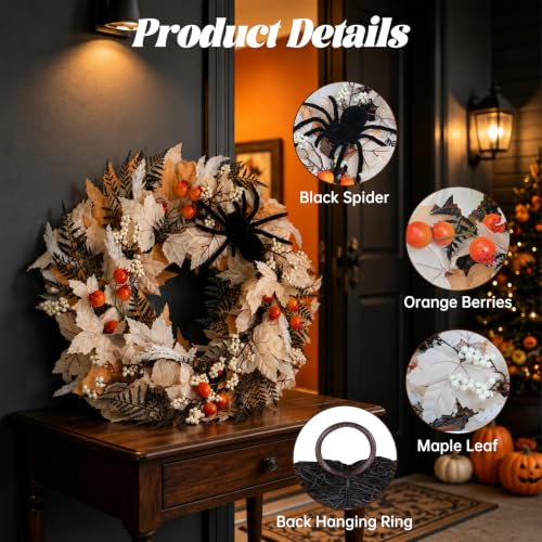 Halloween Front Door Wreath with Spider and Maple Leaves - 22 Inch