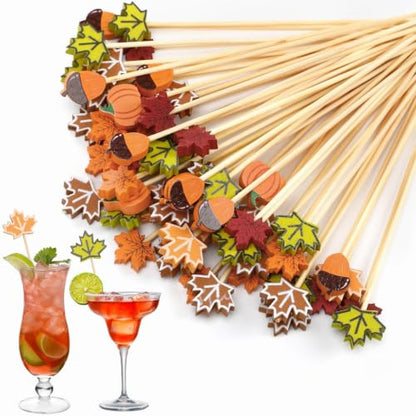 Fall Color Cocktail Picks Set 120 Pcs Leaves Pumpkins Acorns Toothpicks
