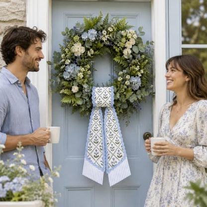 Layered Wreath Sash Set for Front Door Floral Stripe Decor - Summer Home Accent